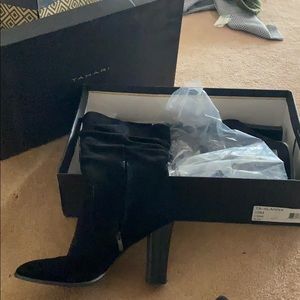 Tahari black suede bootie ta-alanna